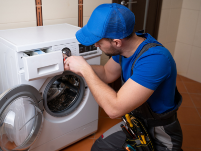 Technician repairing a washing machine